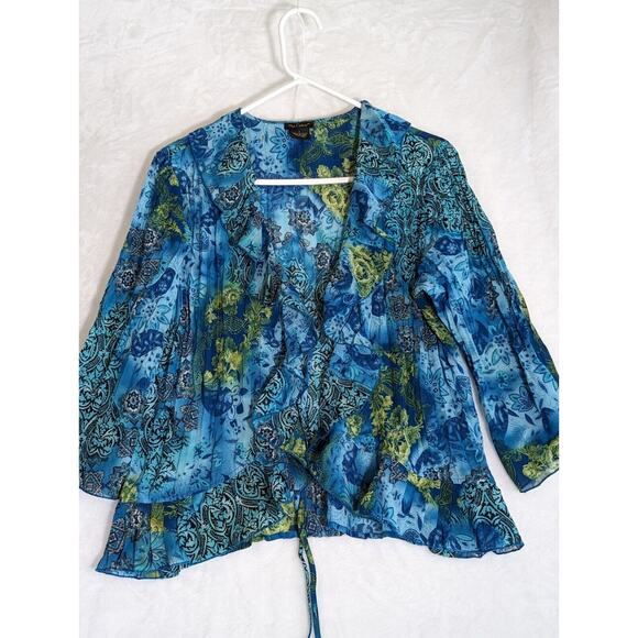 Nue Options Sheer Top Over shirt/Jacket Bust 40".Cback 23". Sleeves18"Blu/Green - Picture 1 of 10